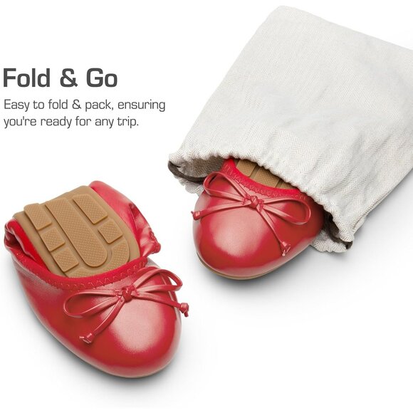 Dream Pairs Women Red Faux Leather Round Toe Bowknot Foldable Ballerine Shoes - Picture 3 of 9
